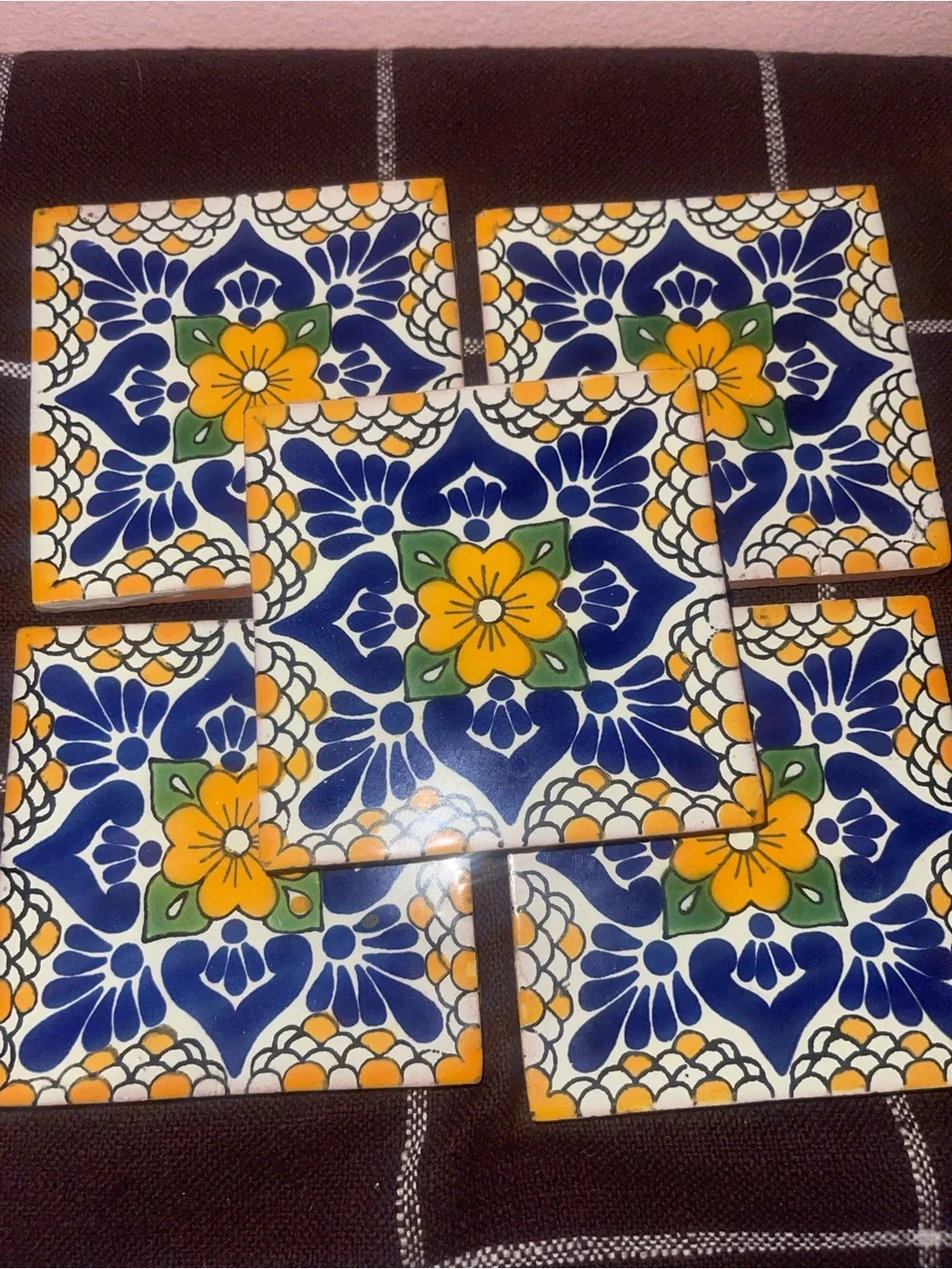 Set of 5 Matching Mexican Talavera Tile Coasters Bright Artistic